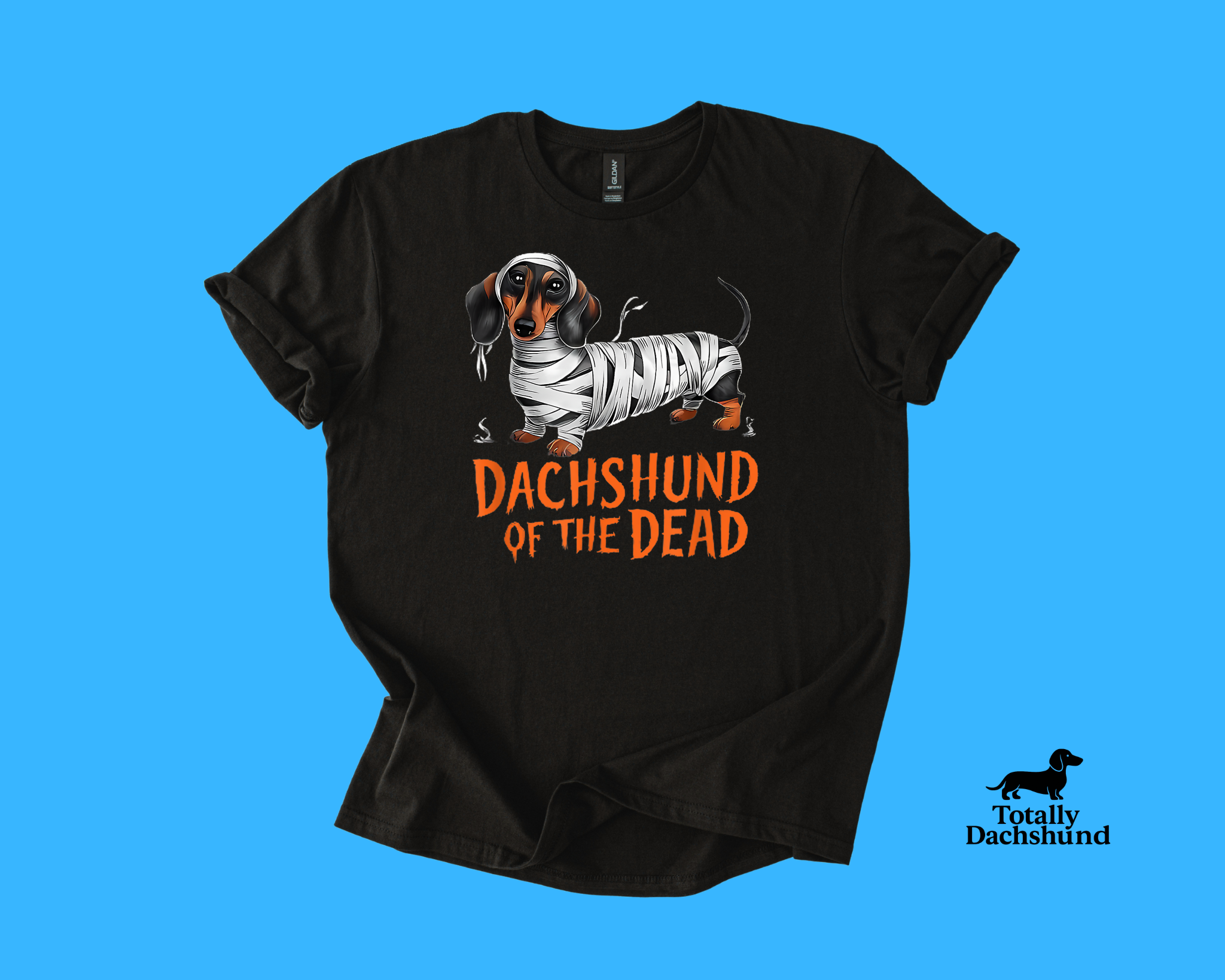 black tee with mummy dachshund design