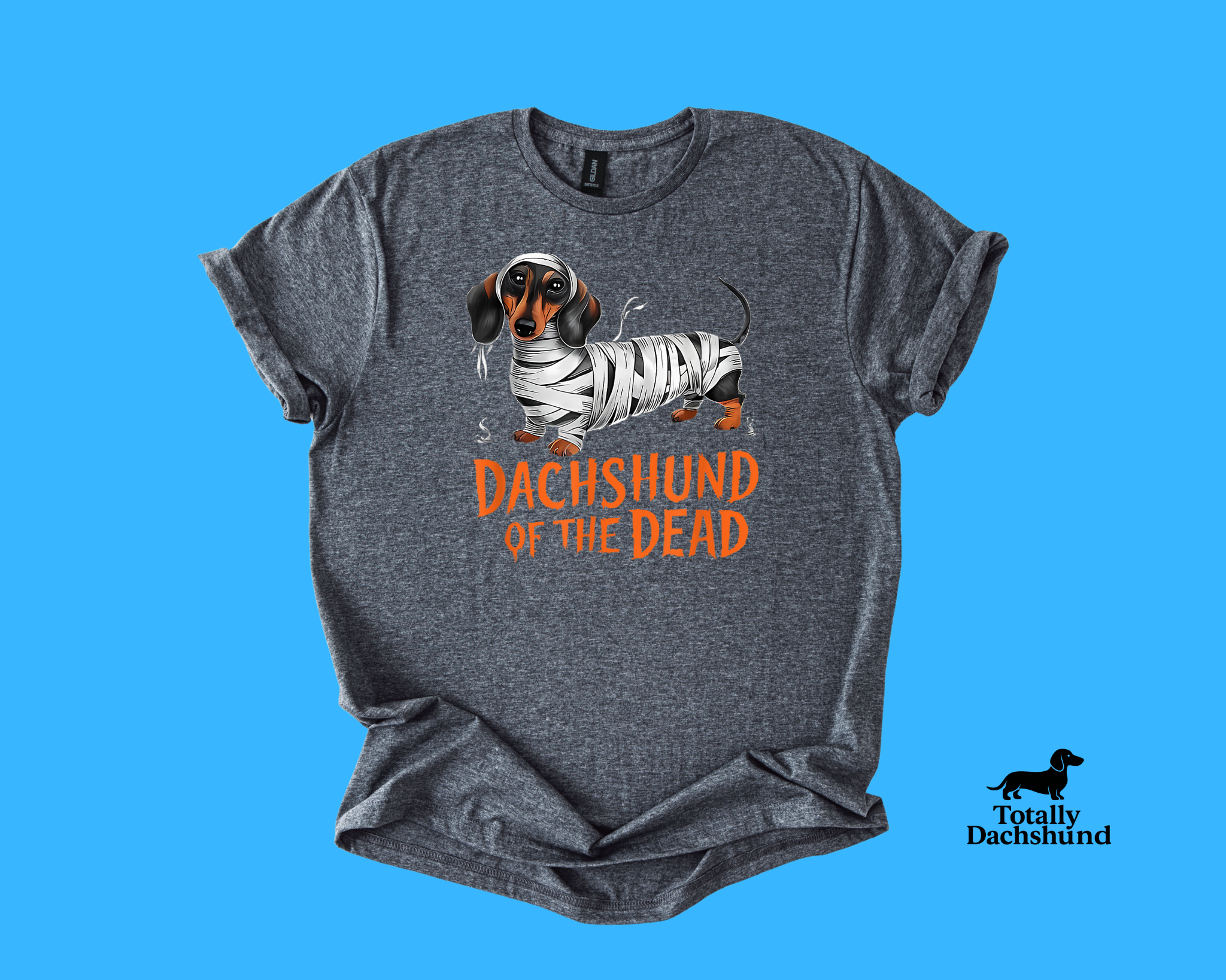 gray tee with mummy dachshund design