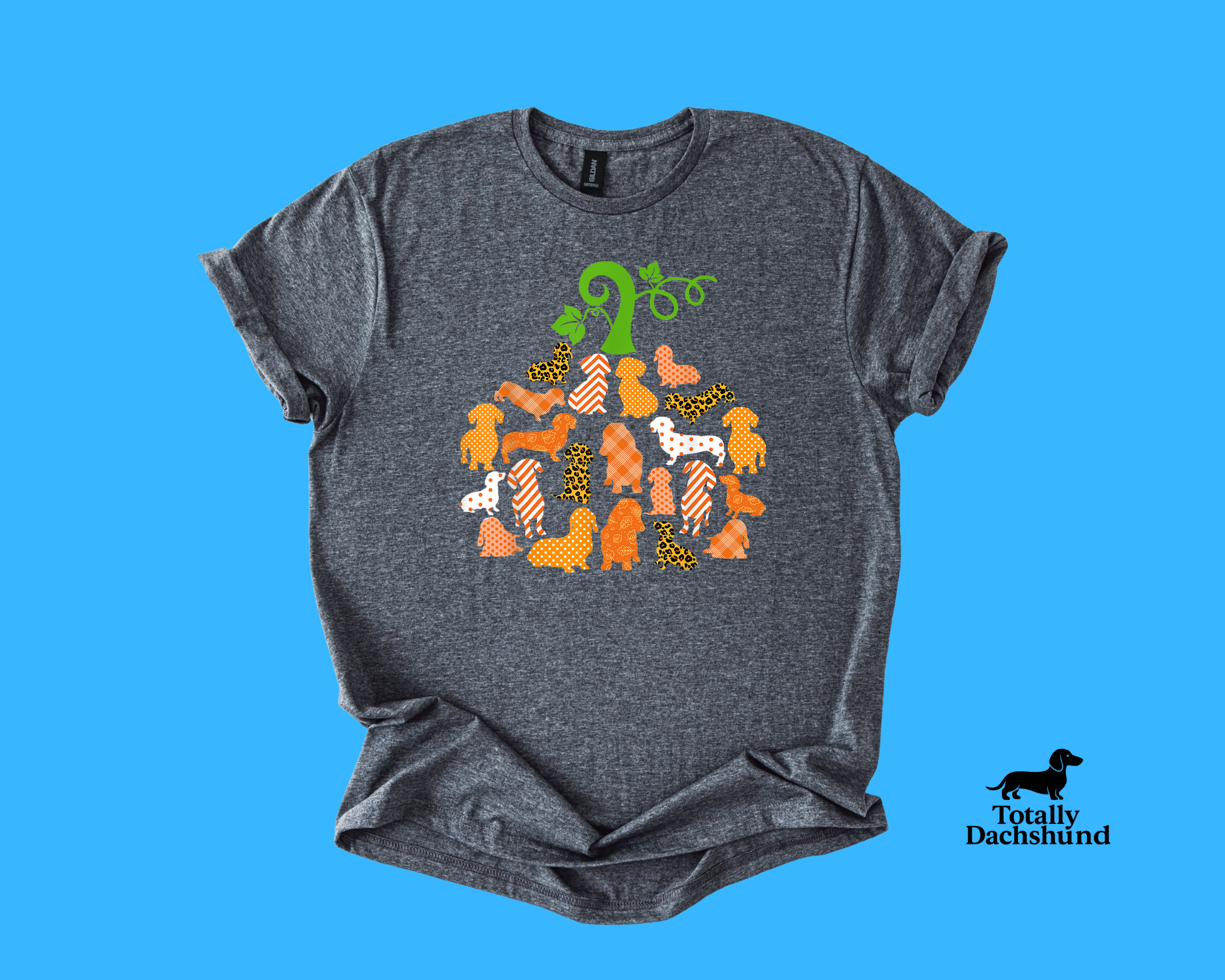 Gray dachshund pumpkin patch shirt – autumn and Halloween themed dog shirt