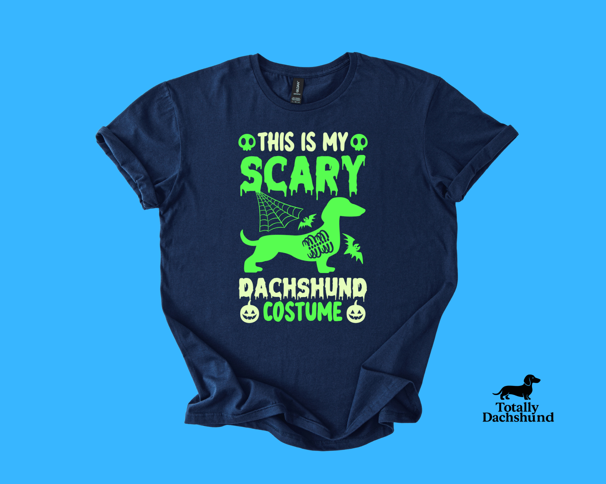 navy tee with green dachshund and spooky design