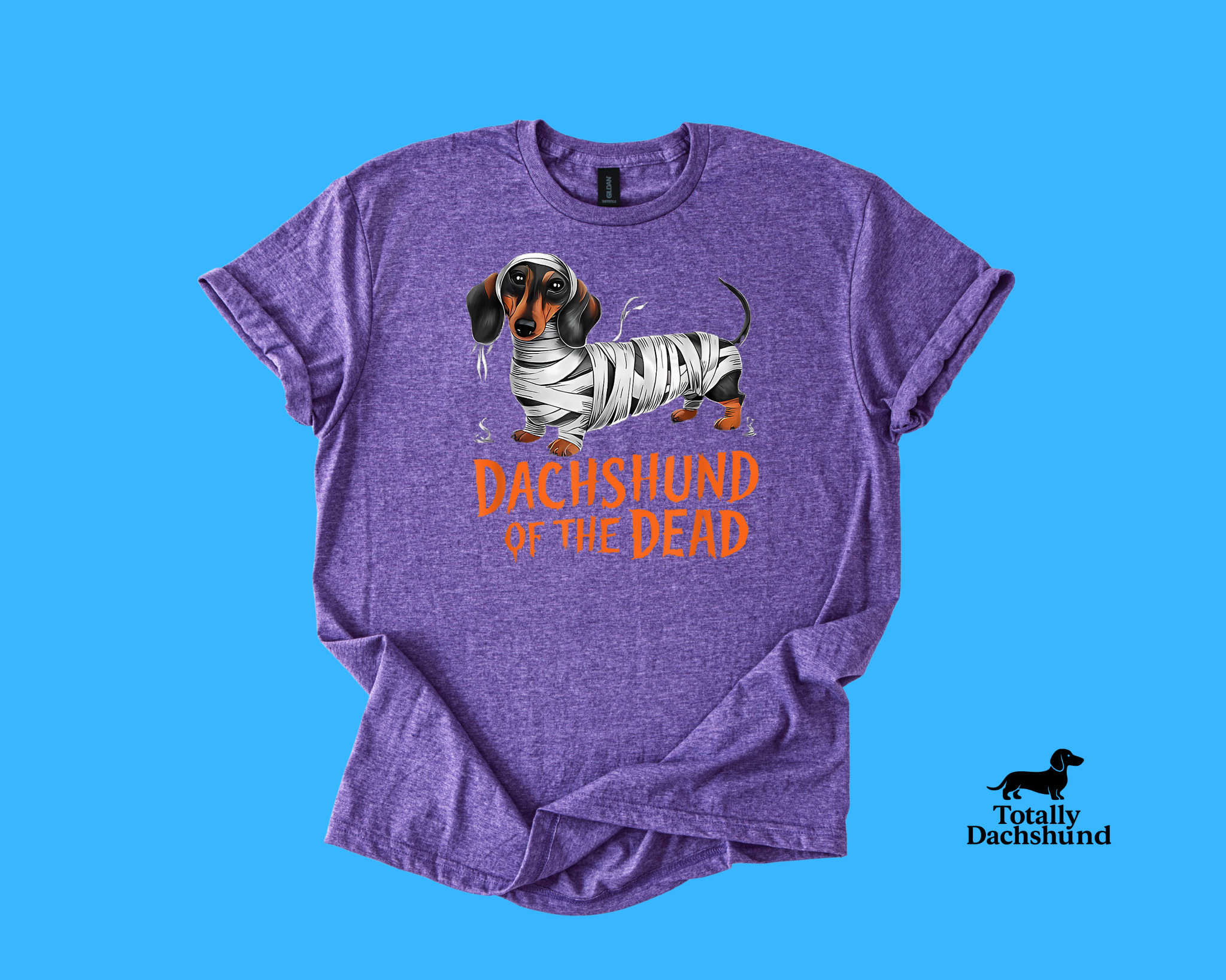 purple tee with mummy dachshund design
