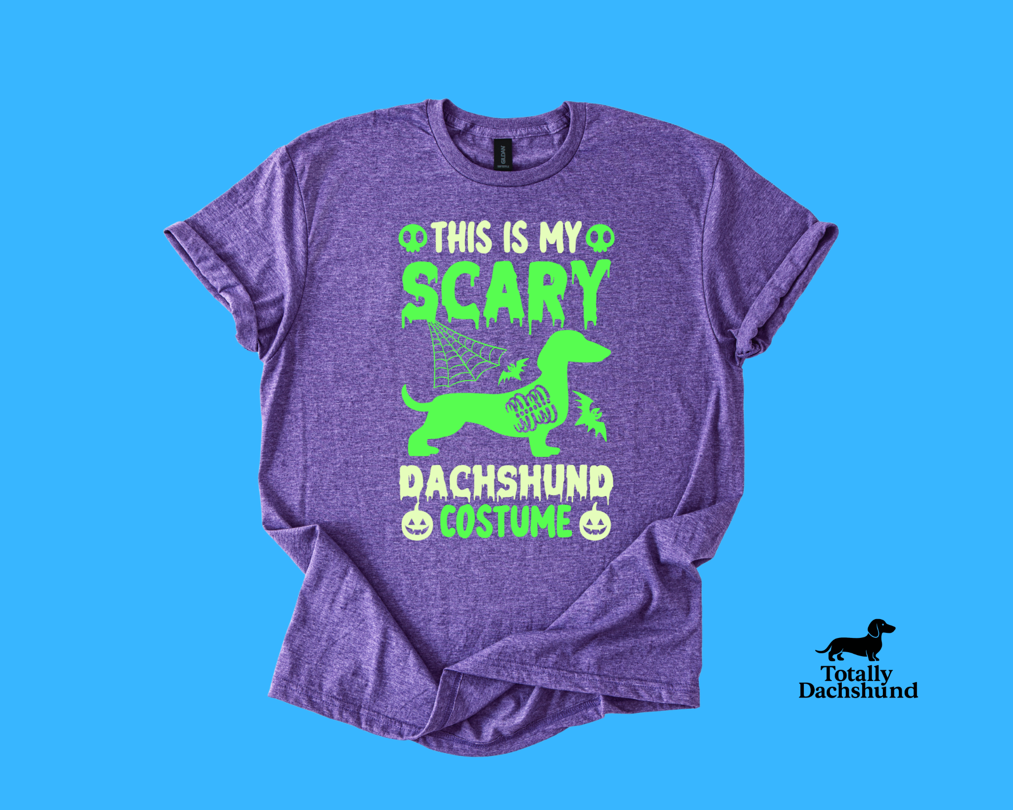  purple tee with green dachshund and spooky design